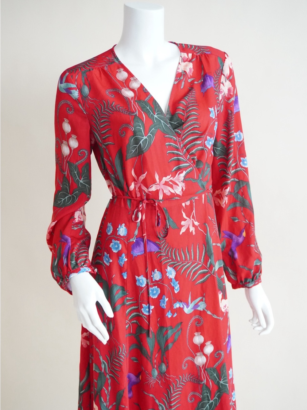 H&M Wrap Red Botanical Floral Midi Dress - Size 10